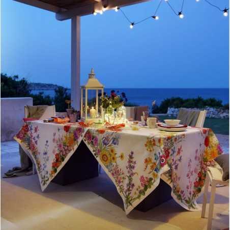 Tovaglia in lino 160X230 Tessitura Toscana Floralia colore Crema x 8 posti
