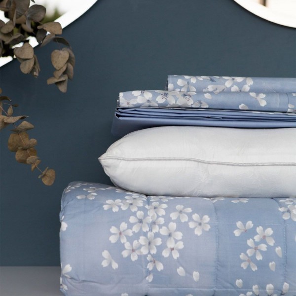 Completo lenzuola letto matrimoniale Fazzini Kimono colore Blue Fog