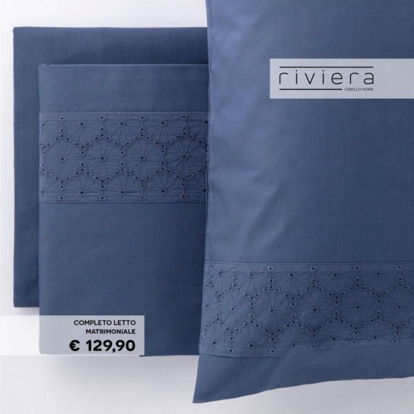 Completo lenzuola letto Matrimoniale Carillo Riviera Naya colore  Blu Denim