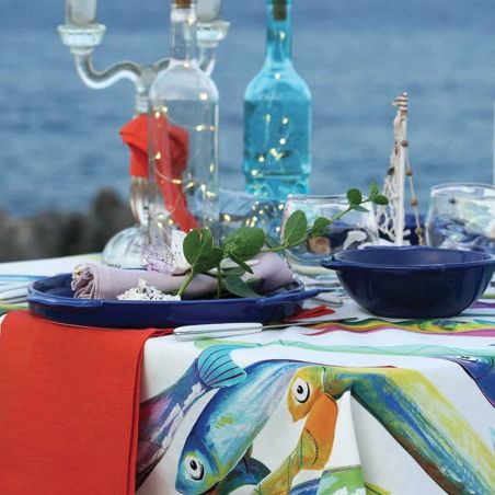 Nappe en coton 140x170 Tessitura Toscana Poisson Bleu couleur Ivoire pour 6 personnes