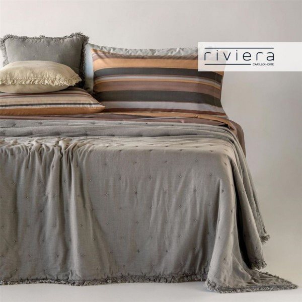 Steppdecke für Doppelbett aus stone washed Baumwolle mit Rüschen Carillo Fernanda Ecru-Farbe