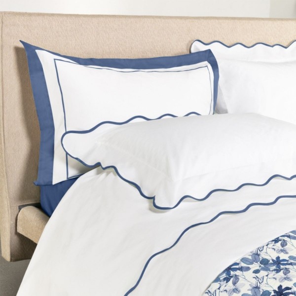 Completo lenzuola letto matrimoniale in percalle di cotone Fazzini Navigli colore bianco+blu