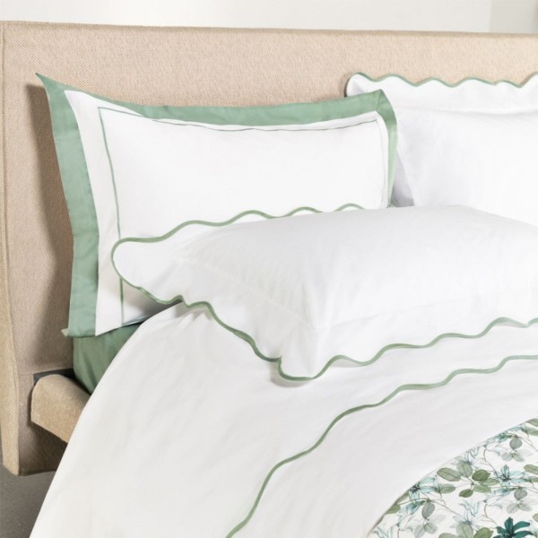 Completo lenzuola letto matrimoniale in percalle di cotone Fazzini Navigli colore bianco+celadon